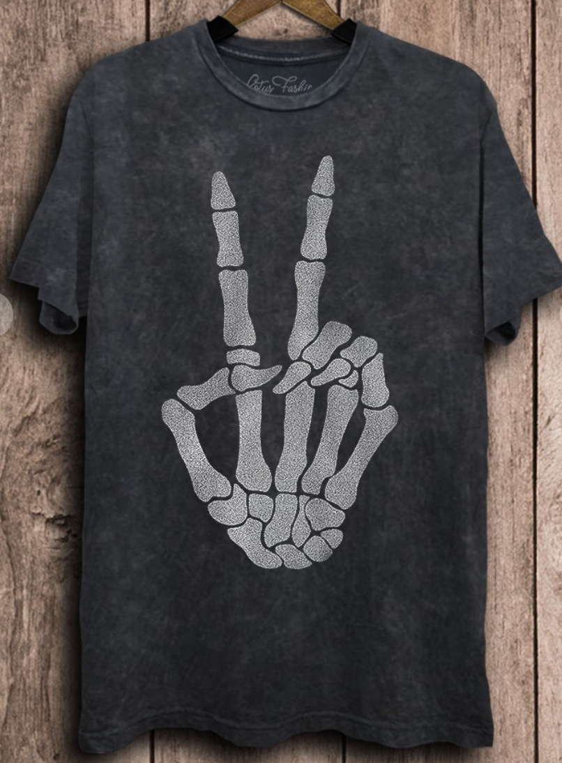Skull Hand Peace Sign Graphic Tee